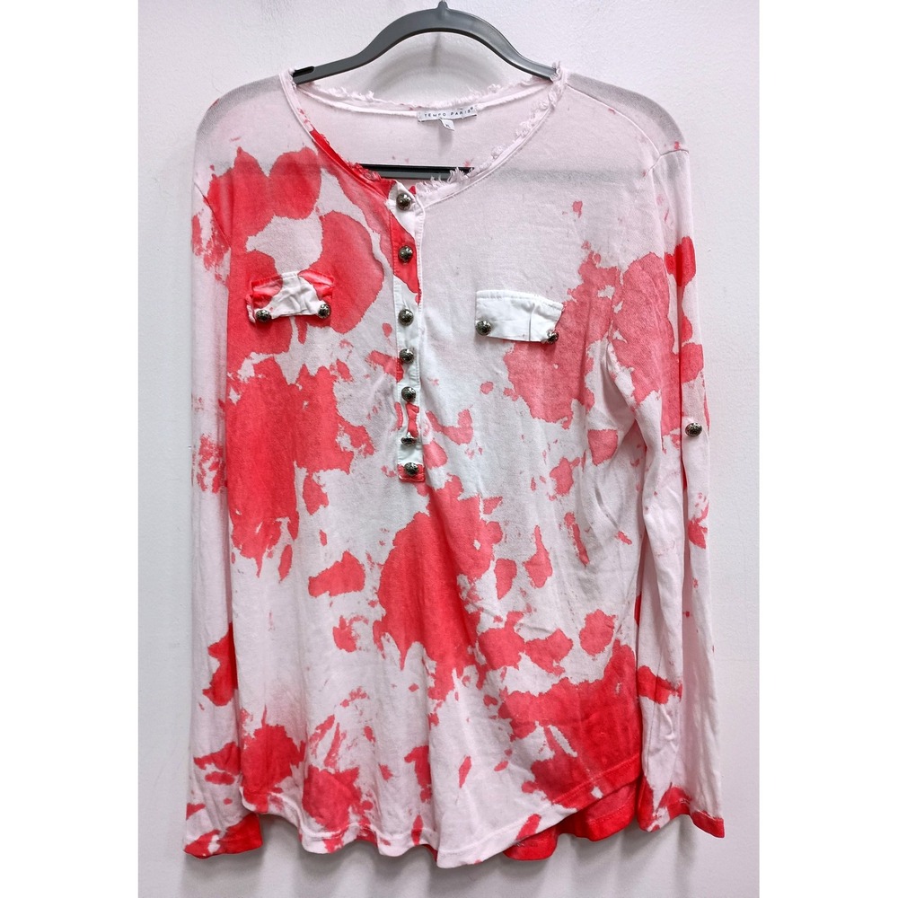 Tempo Paris Henley Top Womens XL Pink White Tie Dye Long Sleeve Boho Raw Hem